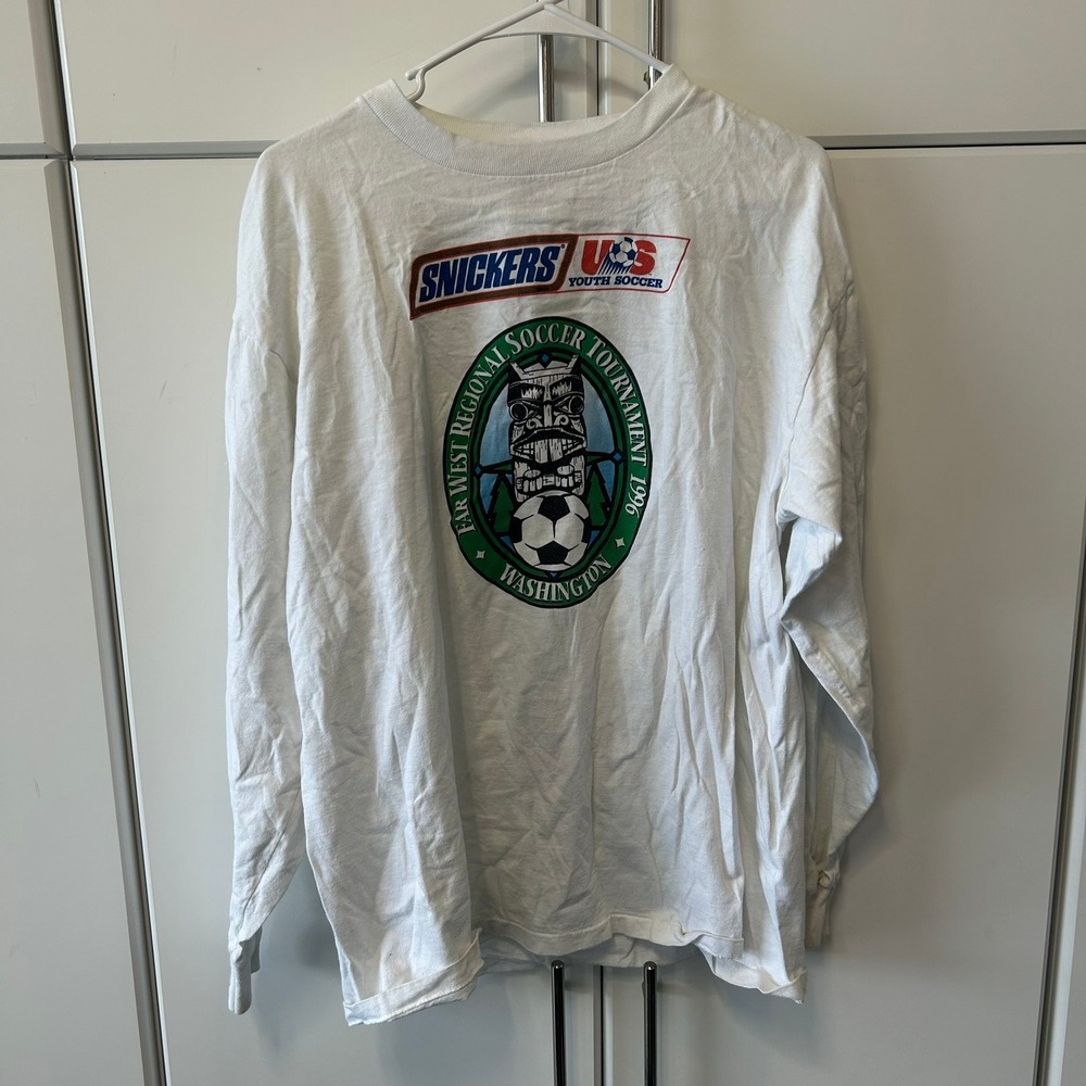 Vintage 1996 Adidas Snickers US Youth Soccer Tournament Long Sleeve Shirt Mens M